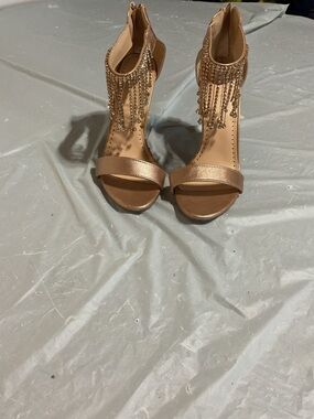 Adrienne Vittadini Rose Gold Fringe Ankle-Strap Heels 1092